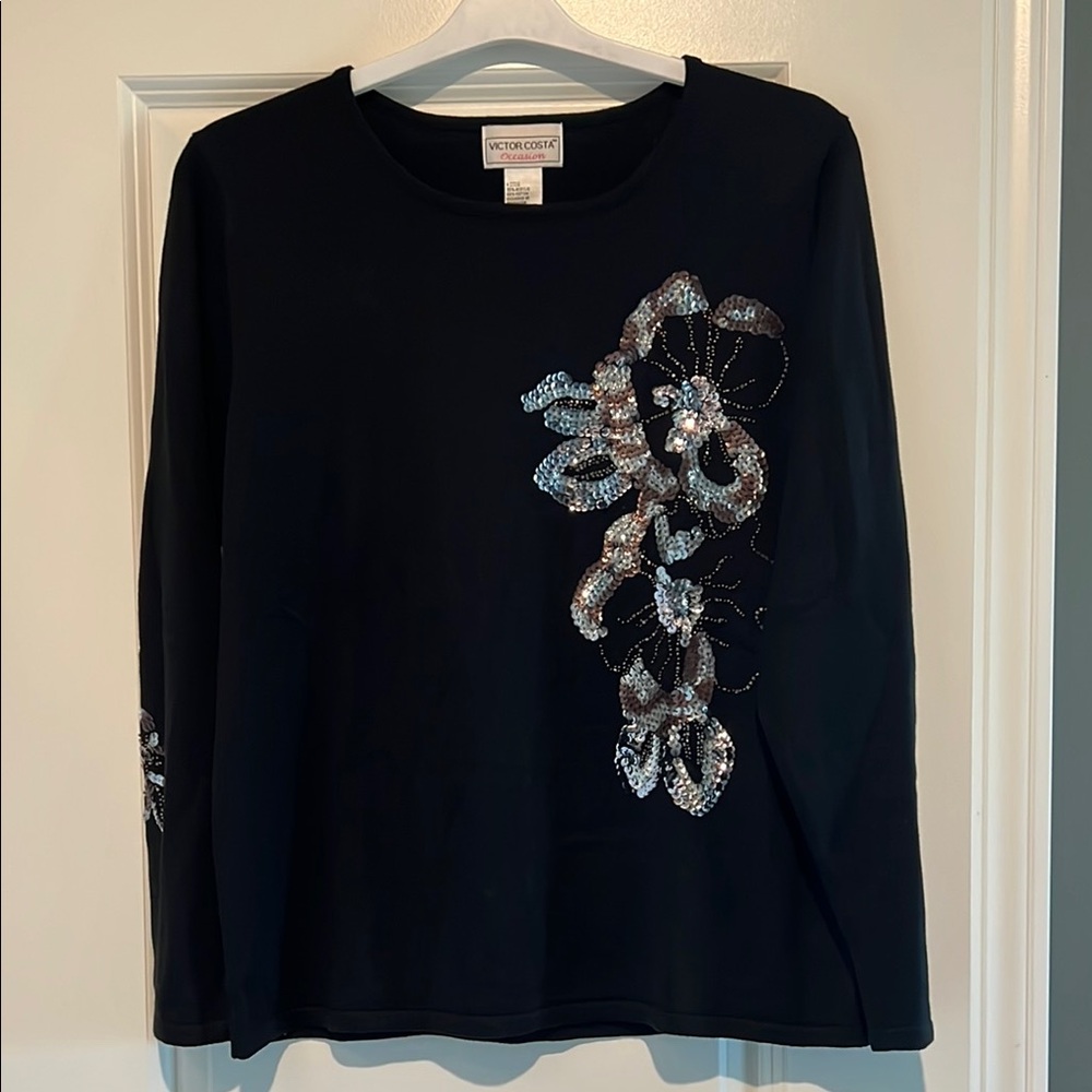 Victor Costa Black Sweater with Silver Floral Design